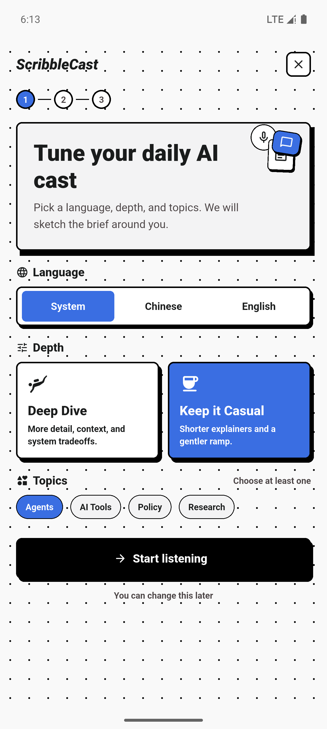 Onboarding preference screen